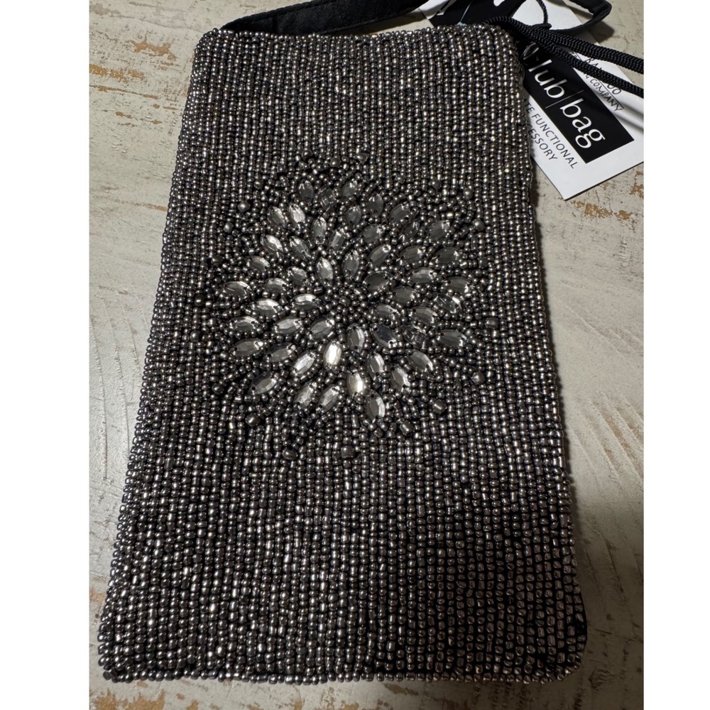 Bamboo Trading Company Club Bag Beaded Crossbody Phone Purse Gunmetal SHB250 NEW